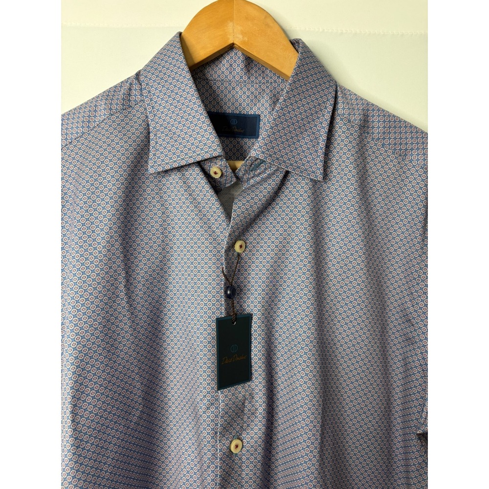 David Donahue Mens Blue Geometric Medallion Button Down Dress Shirt Sz M Cotton